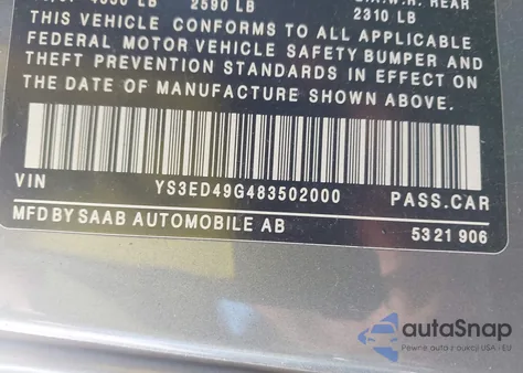 2008 Saab 9-5 2.3T from USA, damaged, VIN YS3ED49G483502000
